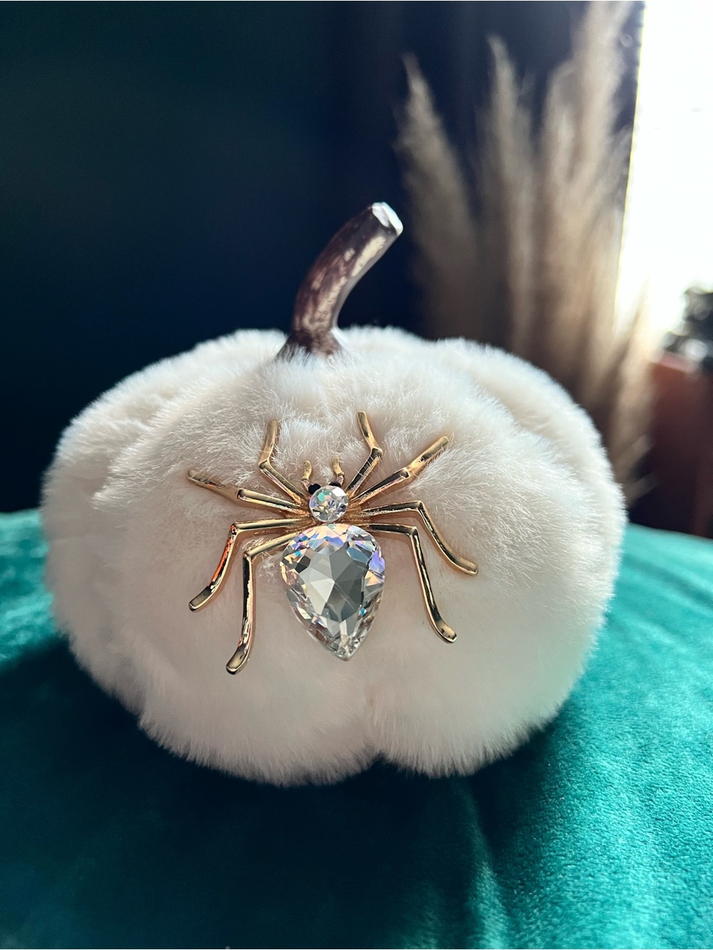 Faux Fur Pumpkin w/ Jeweled Spider